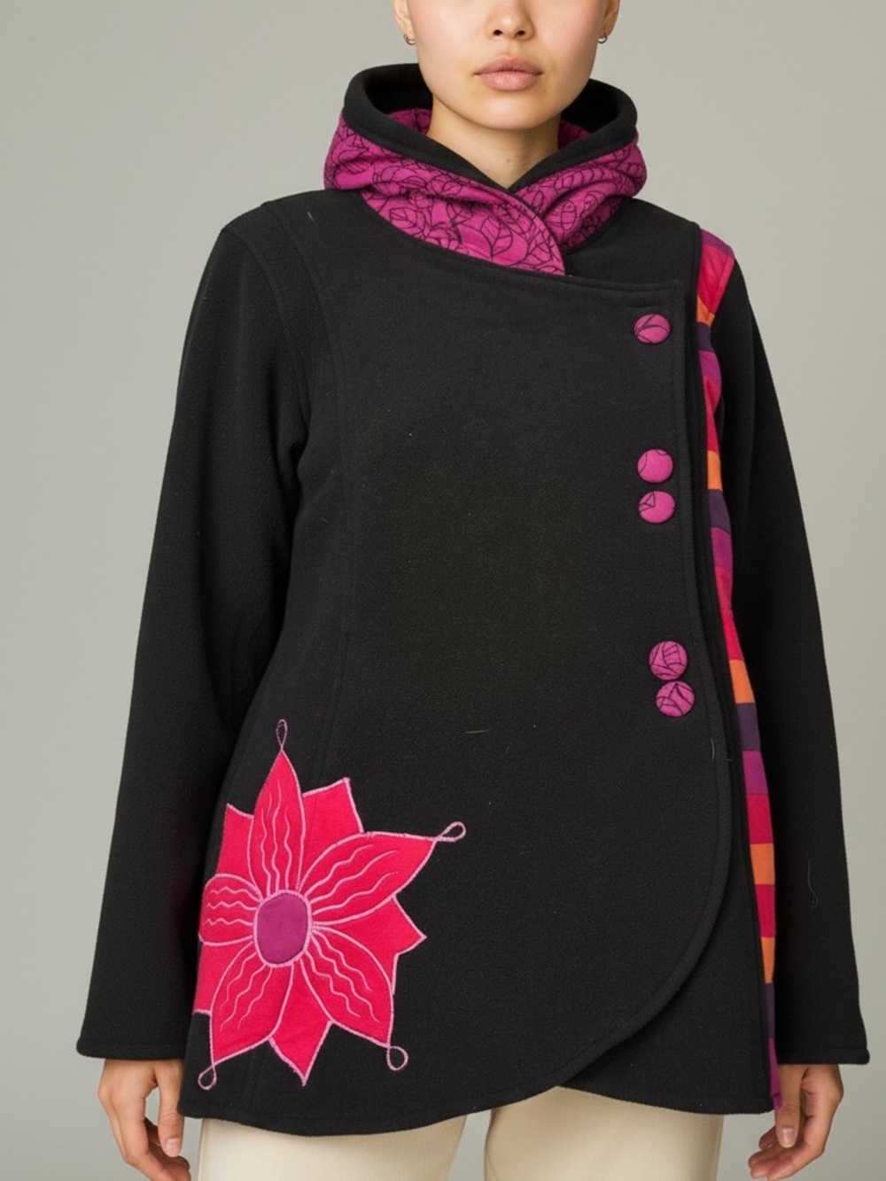 Leopards and Roses Black Fleece Hooded Jacket Pink Floral Embroidered Nepal
